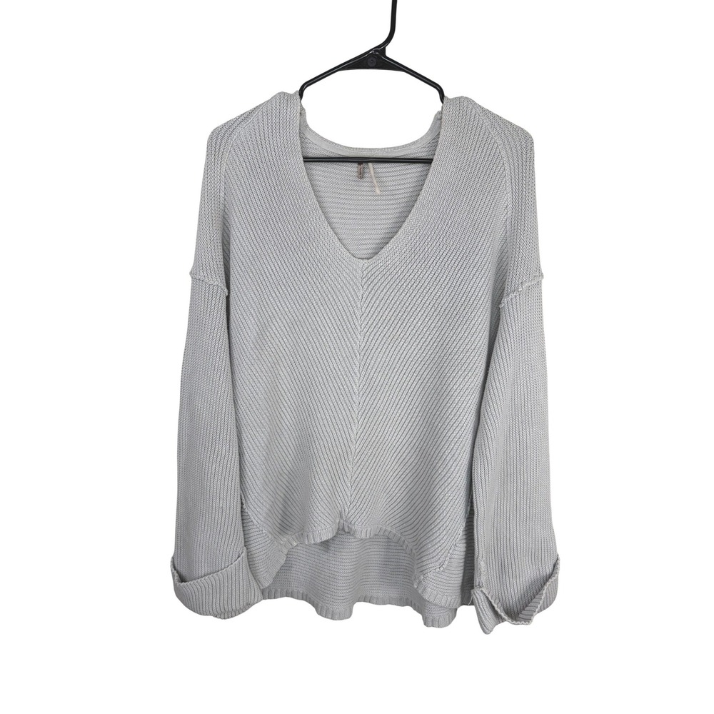 Free People La Brea Oversized V-neck Rib Knit Sweater Grey Women's Small Boho‎
